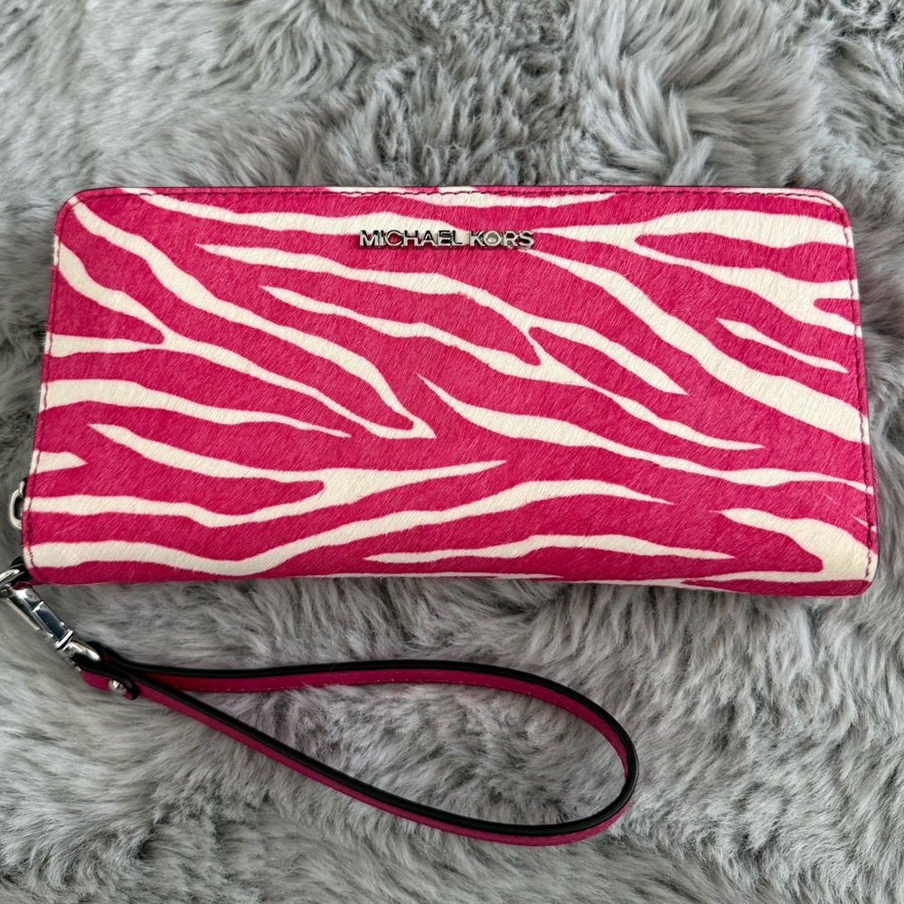 Michael Kors Fuchsia and White Animal Print Wristlet